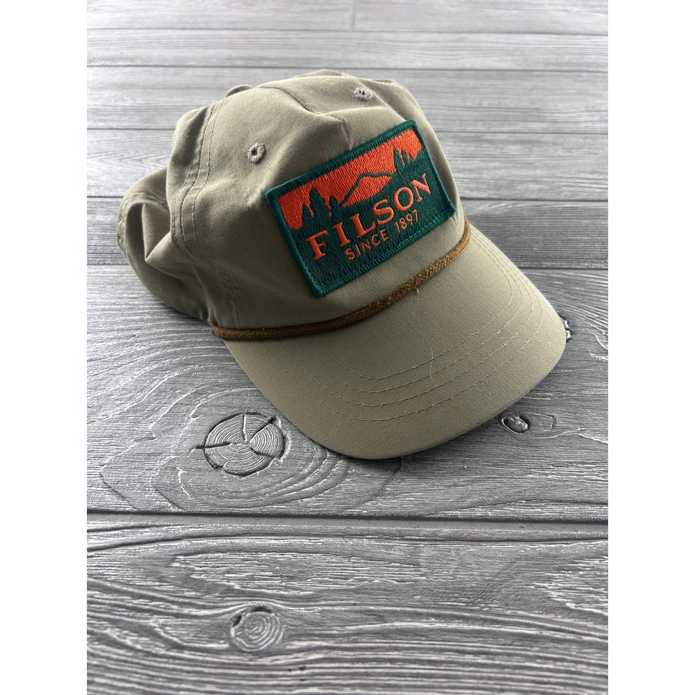 Filson Logger Mesh Cap Khaki Tan Snapback Hat Mountain Patch Rope Detail